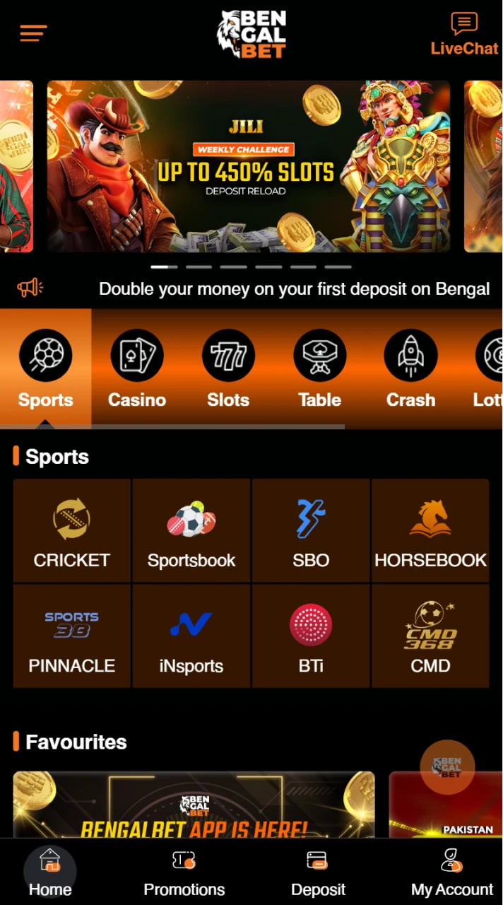 The Bengalbet app features a user-friendly homepage.