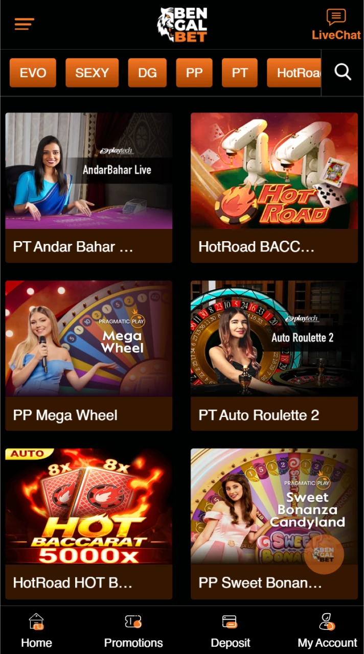 The live casino segment of the Bengalbet app includes games with real dealers.