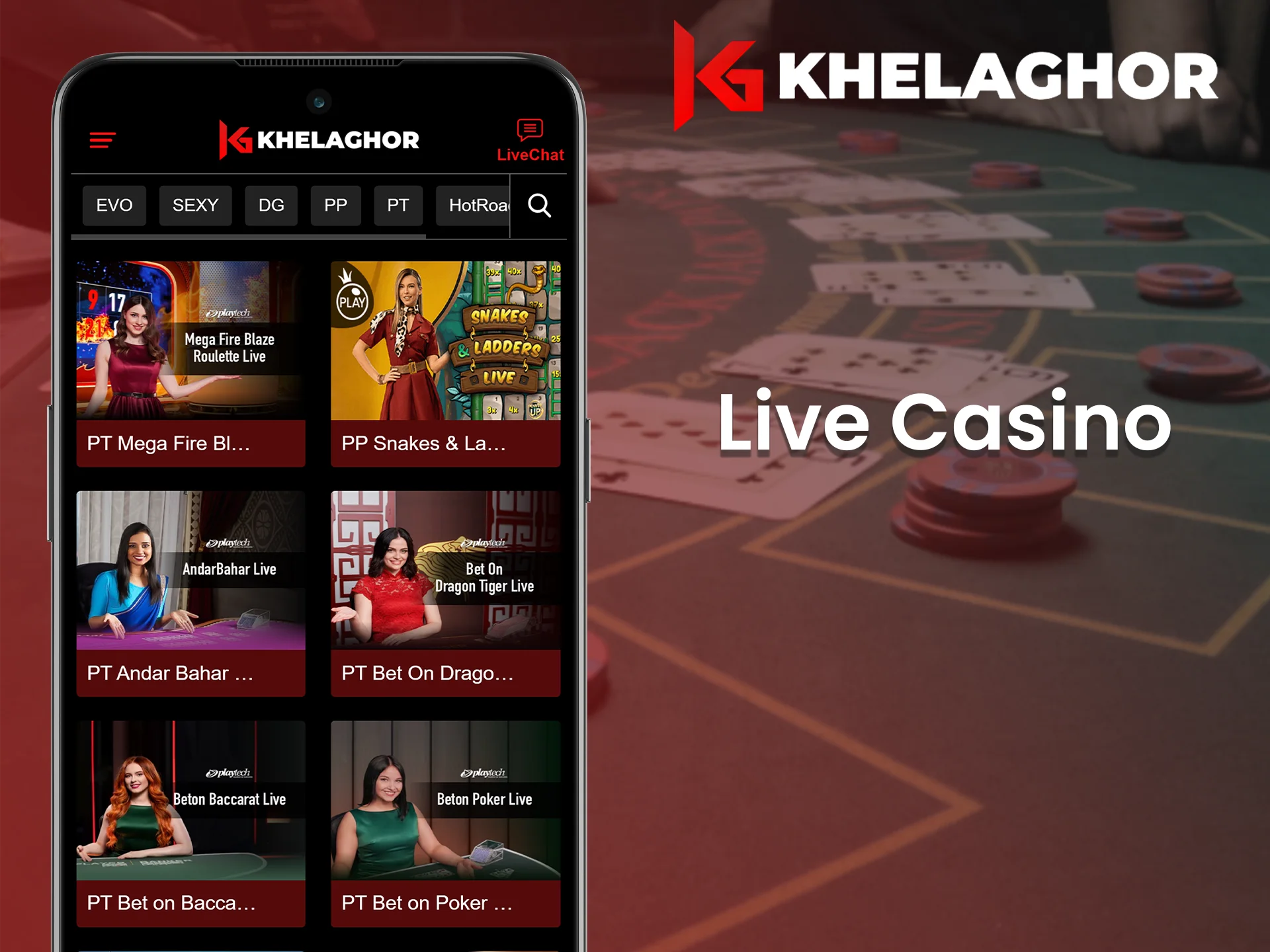 Casino games with live dealers at Khelaghor app.