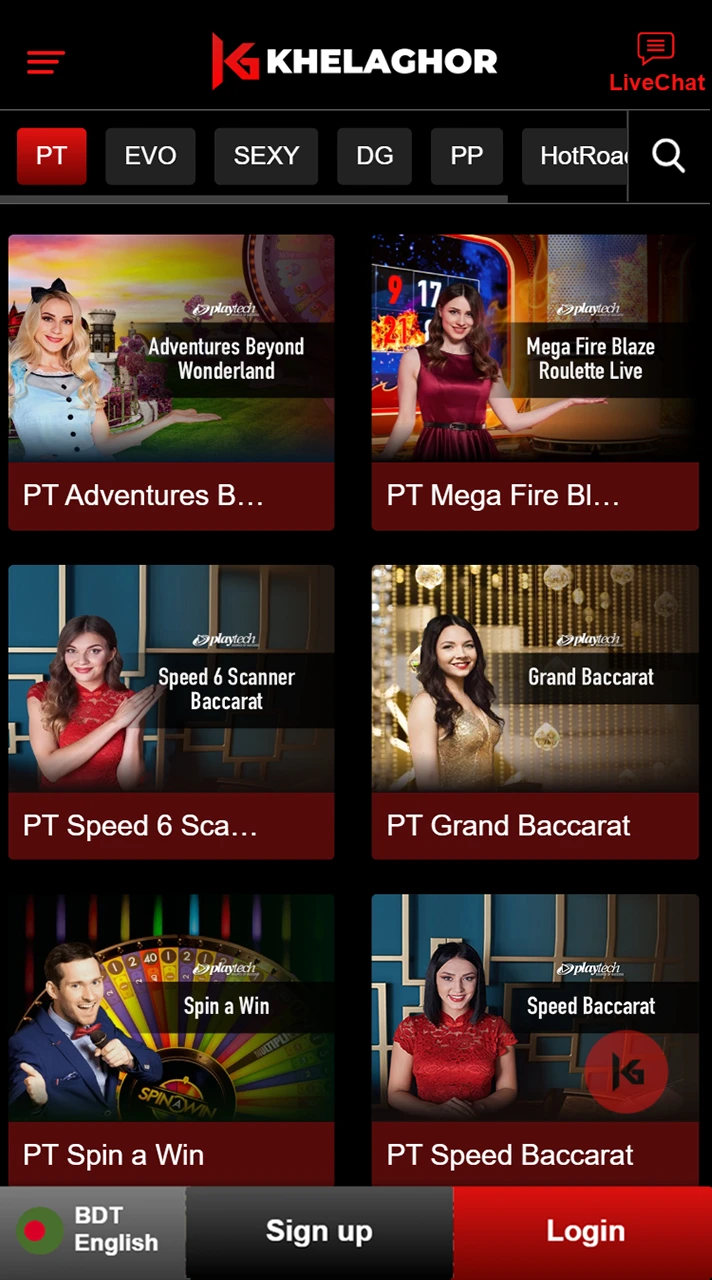Play casino games with live dealers at Khelaghor app.