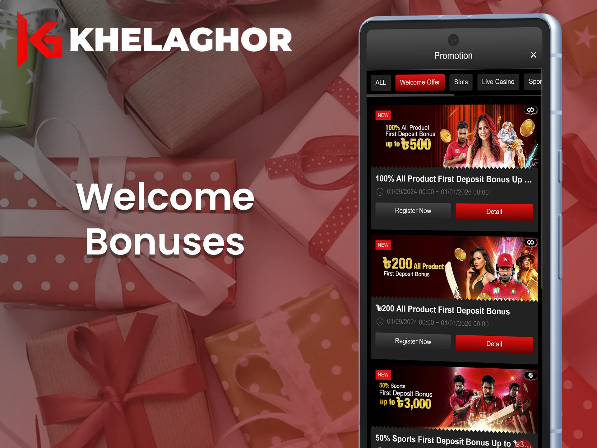 Bonuses and promotions for newcomers at Khelaghor app.