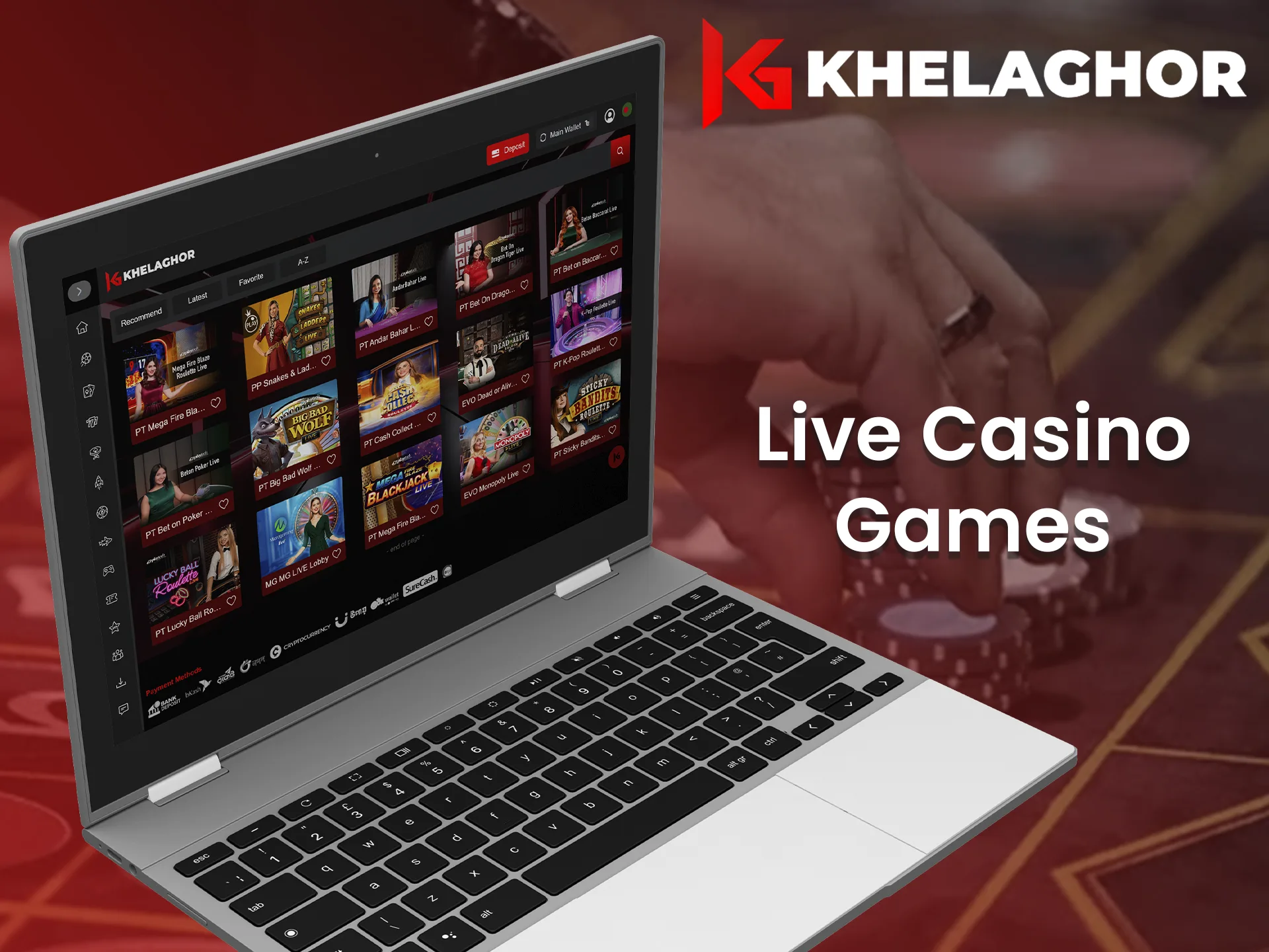 Play live casino games conducted by dealers at Khelaghor.