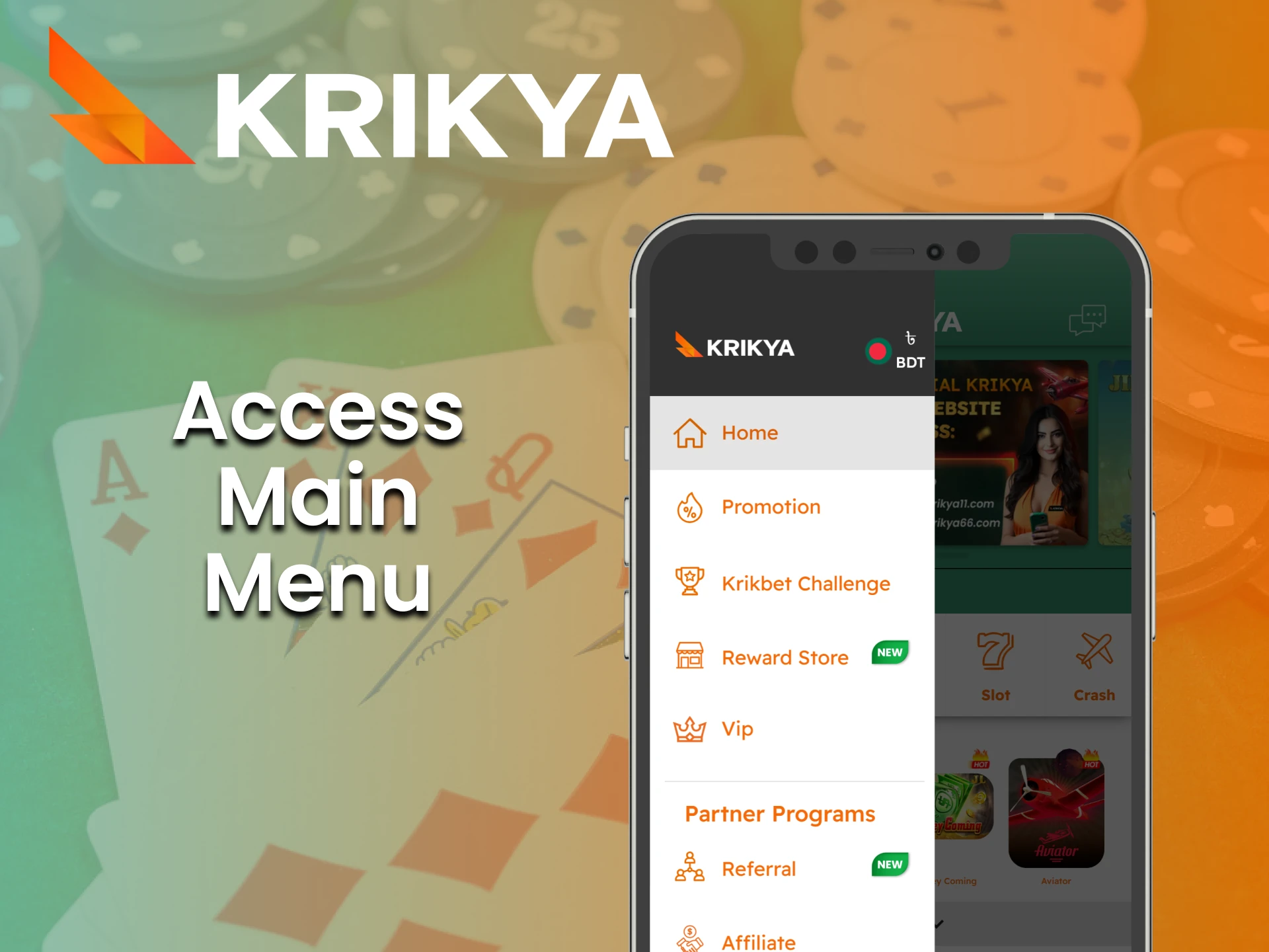 Explore the menu section on the Krikya website.