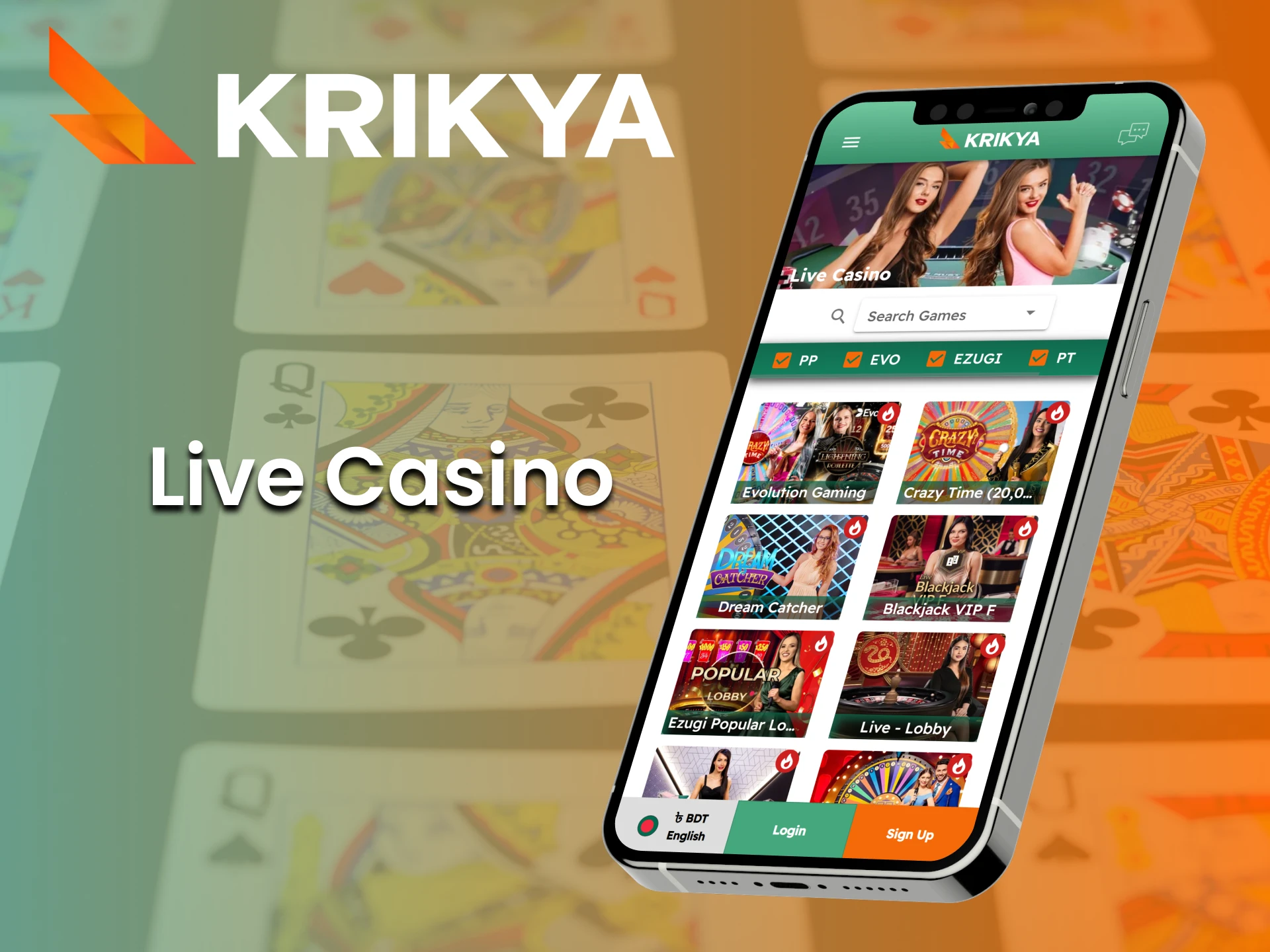 Play in live casino games with actual dealers on the Krikya app.