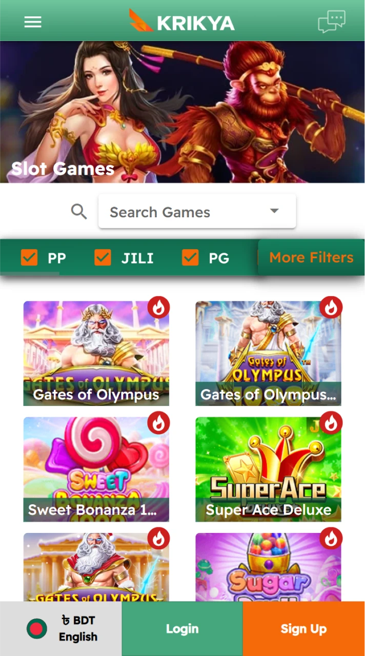 The casino section of the Krikya app offers a wide library of games.