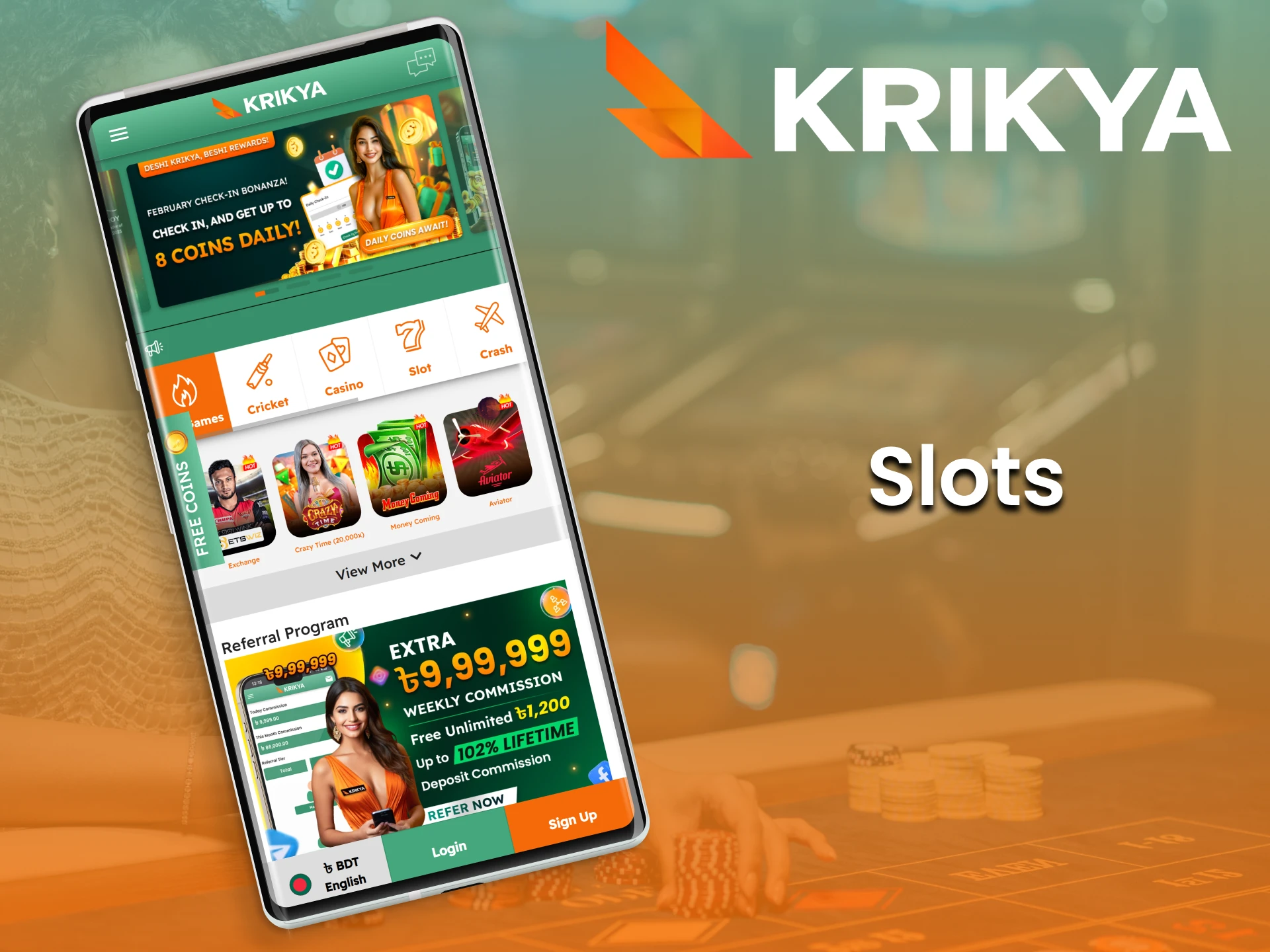 Test your luck with a spin on the slots in the Krikya casino app.