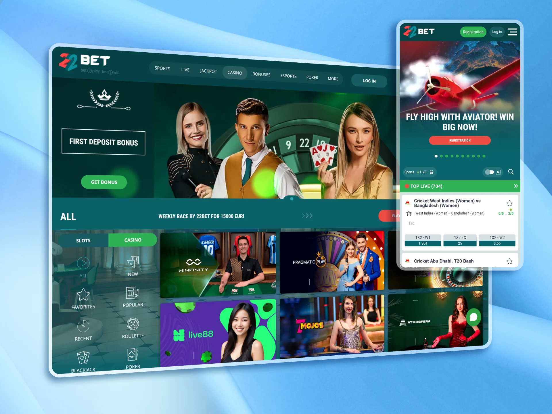 Find your favorite online casino games at the 22Bet platform.