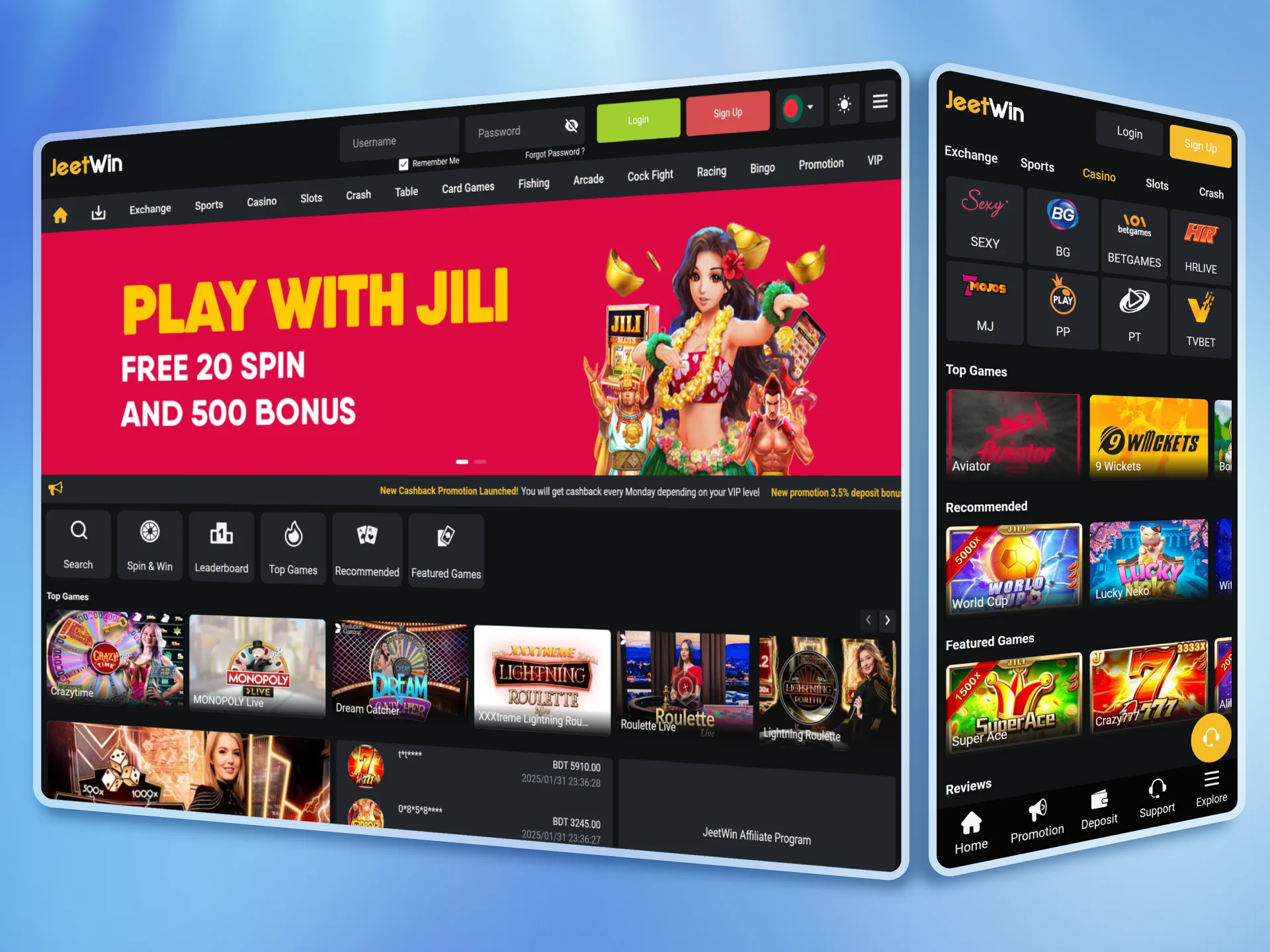 Game on at JeetWin online casino available in Banglades.