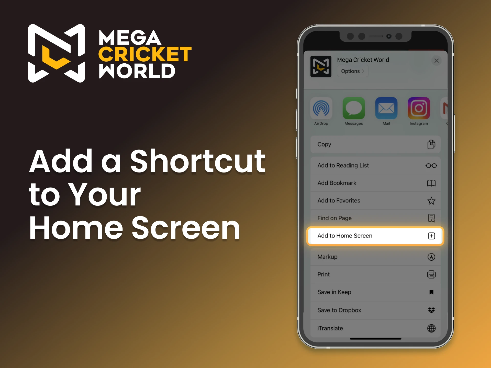 Pin the Mega Cricket World casino to your home screen for quick access.