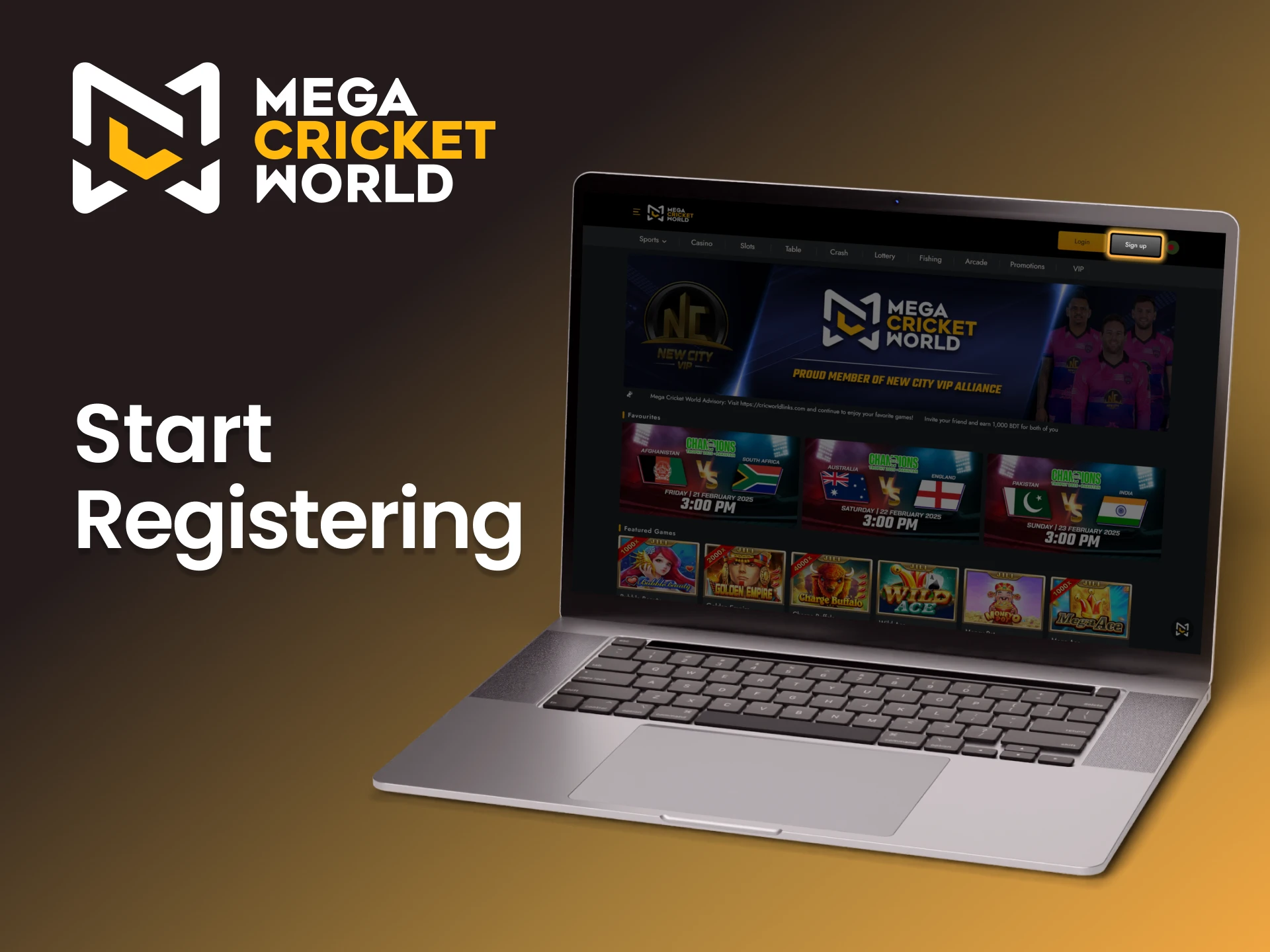 Find the Sign Up button on the official Mega Cricket World website.