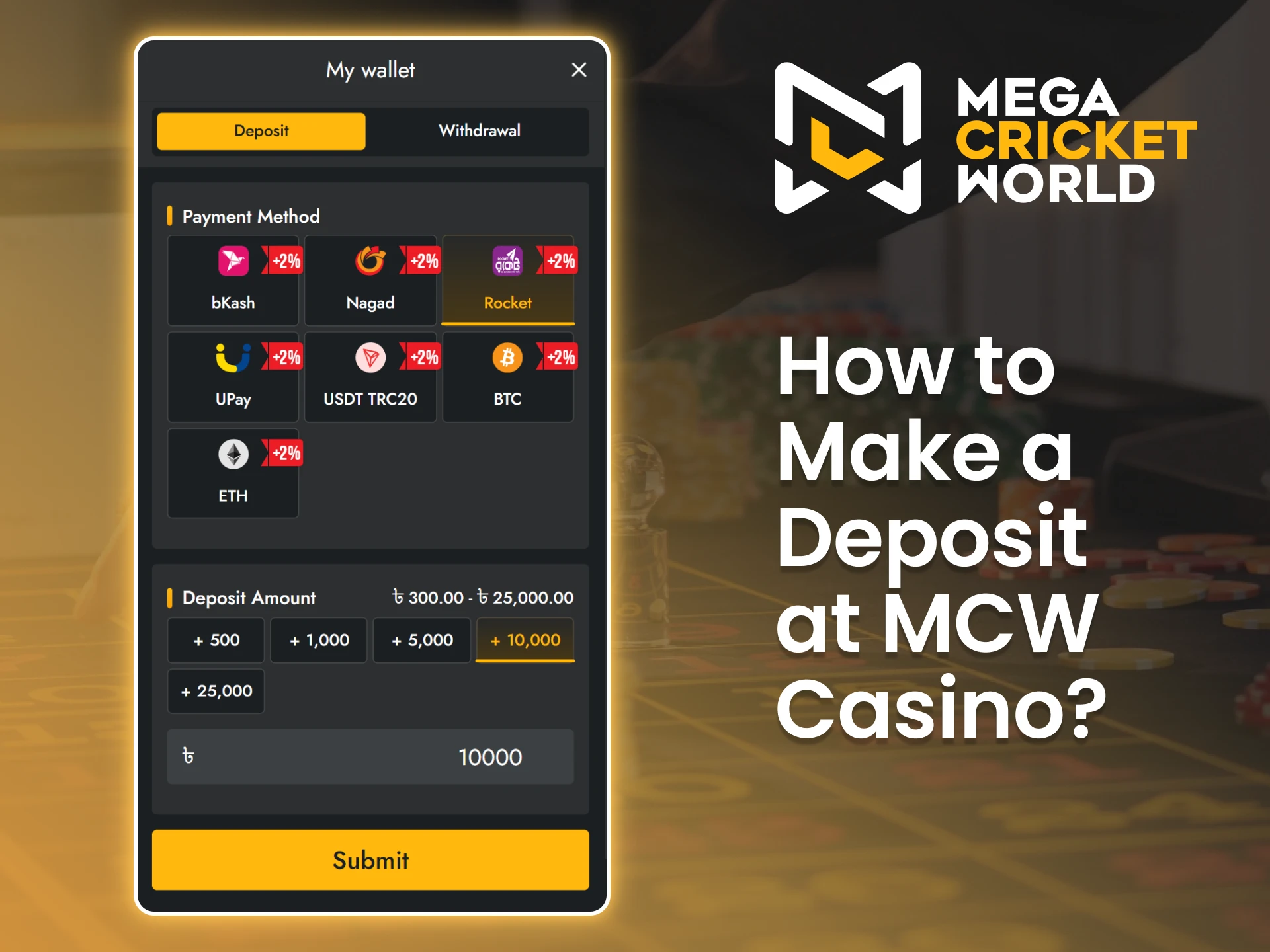 Easily fund your Mega Cricket World account and play casino games.