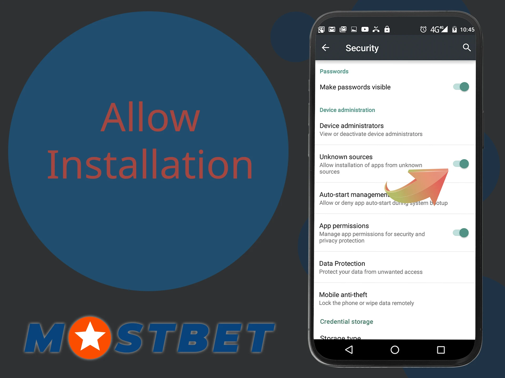 Allow installation from unknown sources to download Mostbet app.