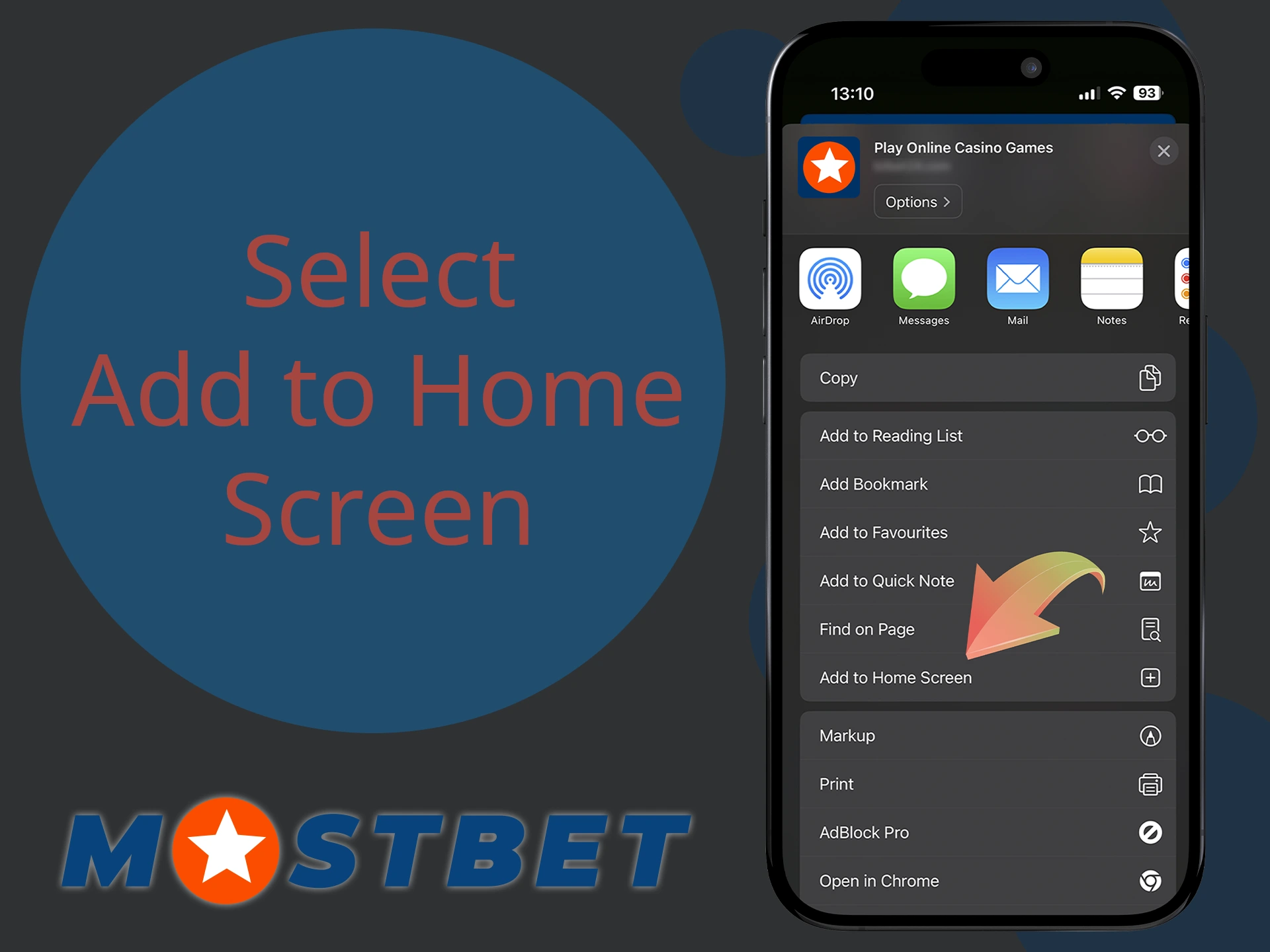 Choose Add to Home Screen for Mostbet mobile app.