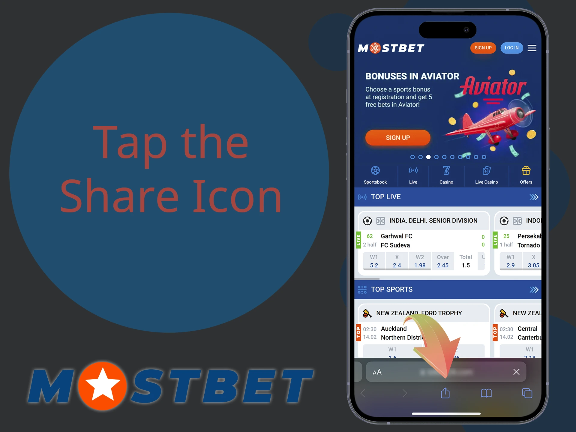 To continue Mostbet app downloading, click the Share button.