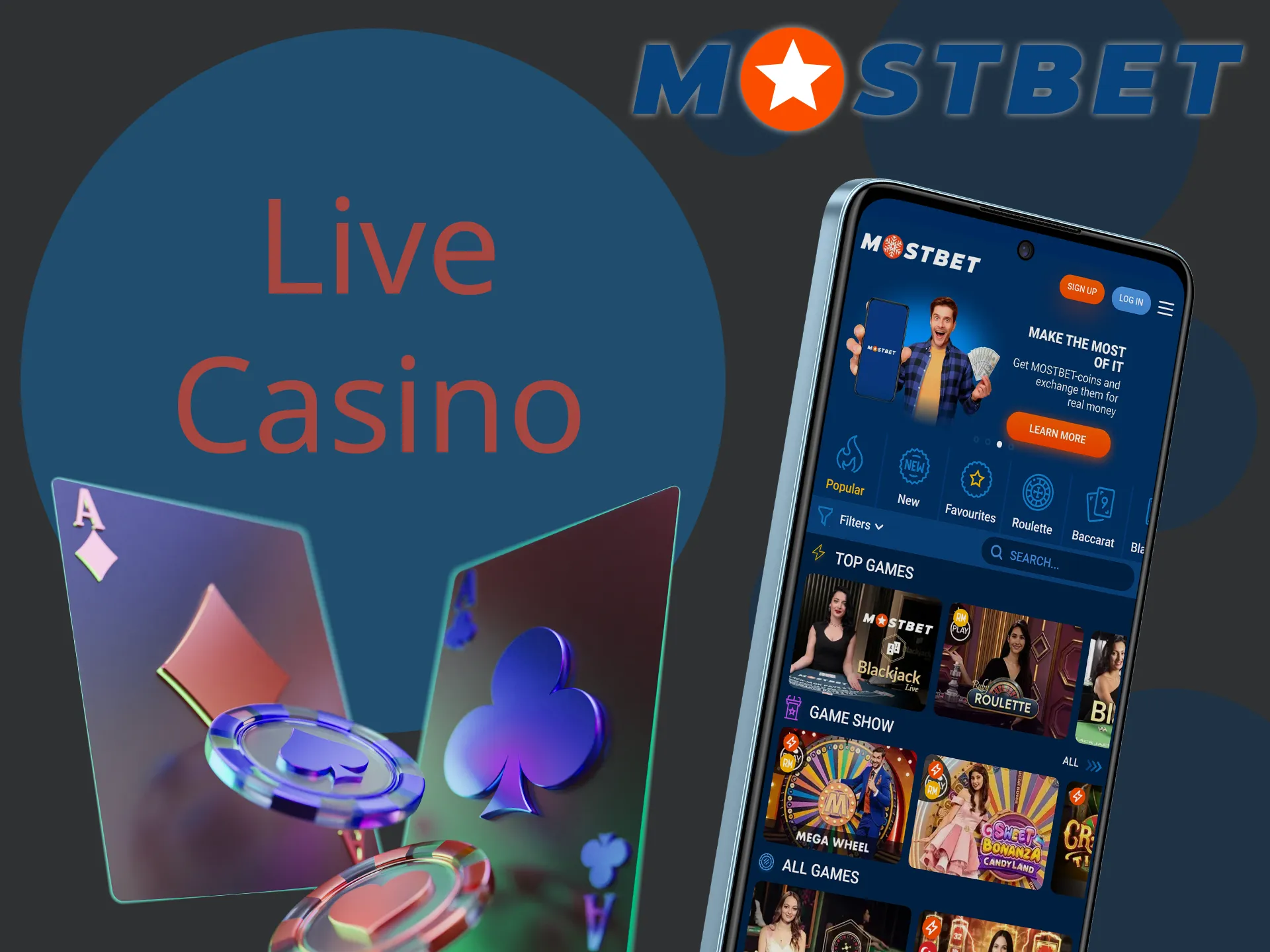 Try live casino games with real dealers at Mostbet app.