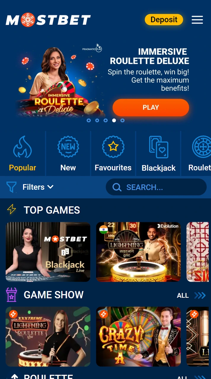 Try to play live casino games at Mostbet.