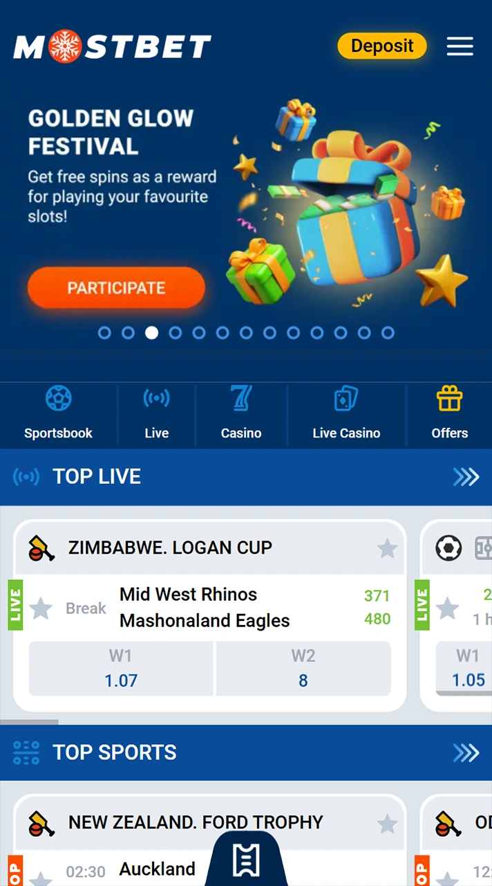 Main page at the Mostbet casino app.