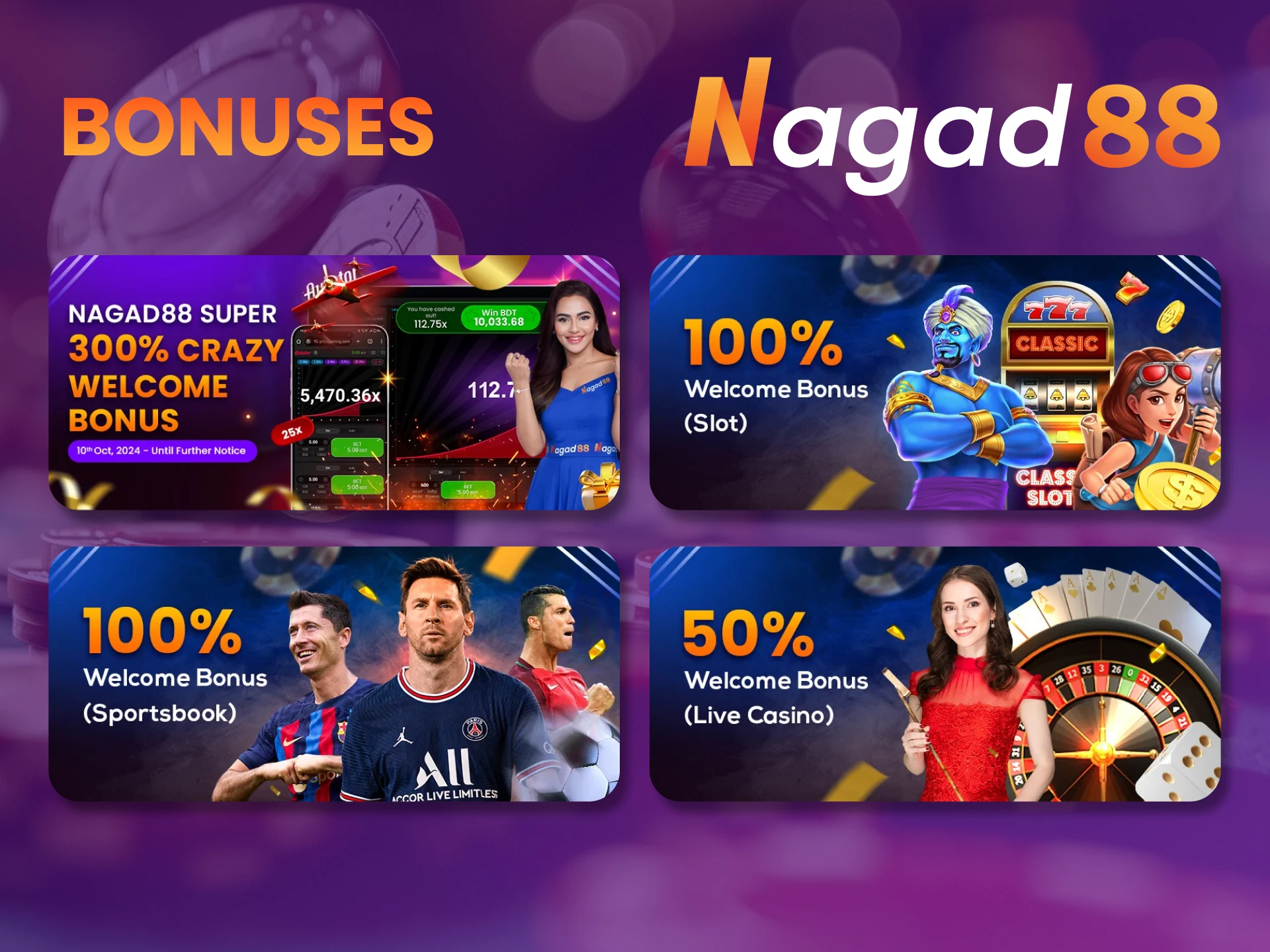 The Nagad88 casino app offers a range of welcome bonuses to claim.