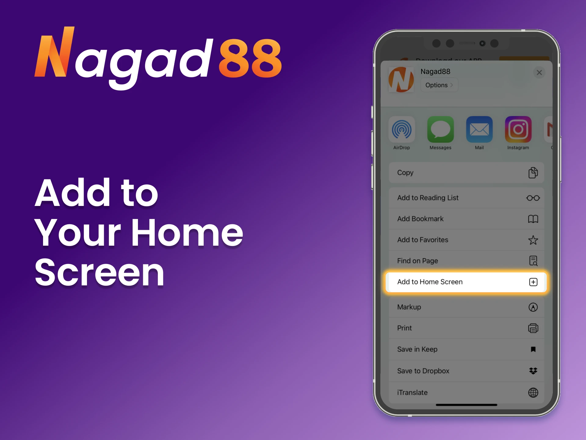 Bookmark the Nagad88 online casino on your iOS device.