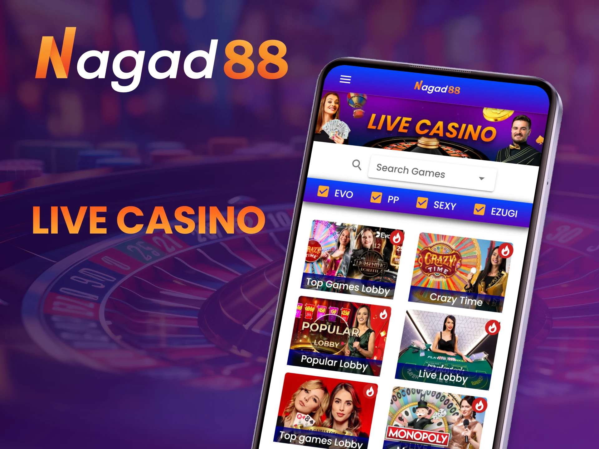 Experience the excitement of live casino games with real dealers via the Nagad88 app.