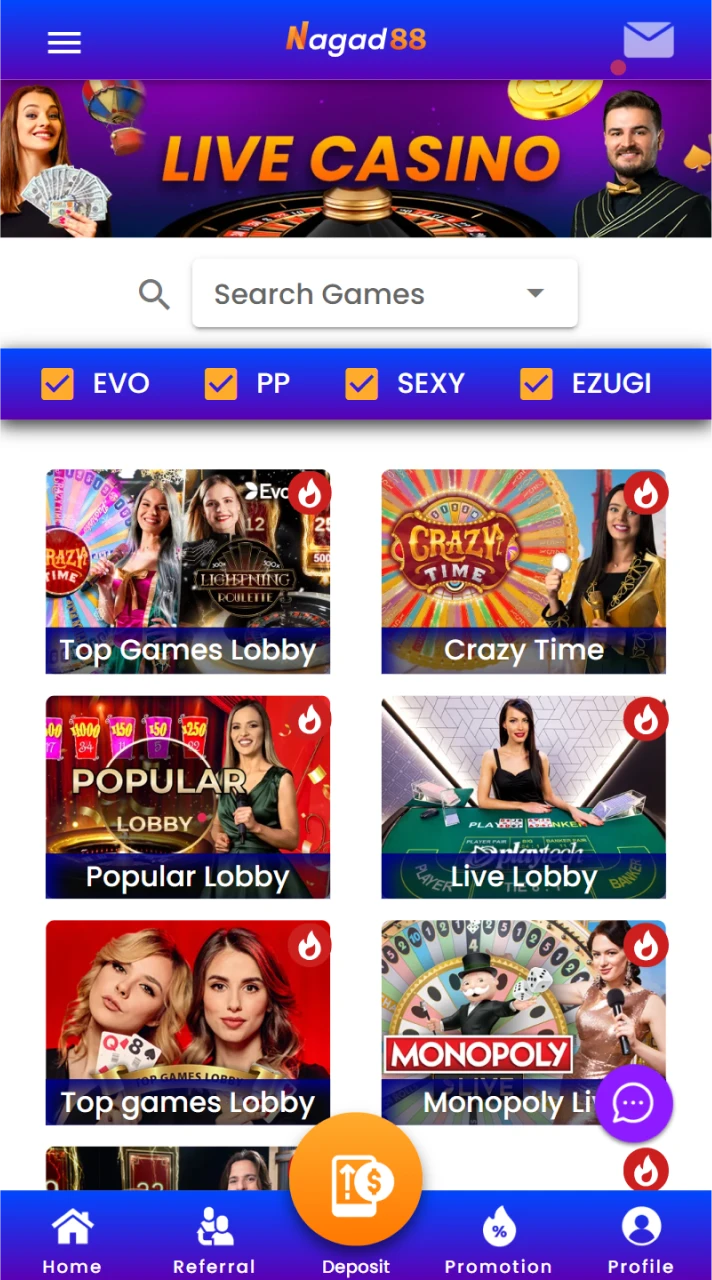 The Nagad88 app’s live casino includes games featuring real dealers.