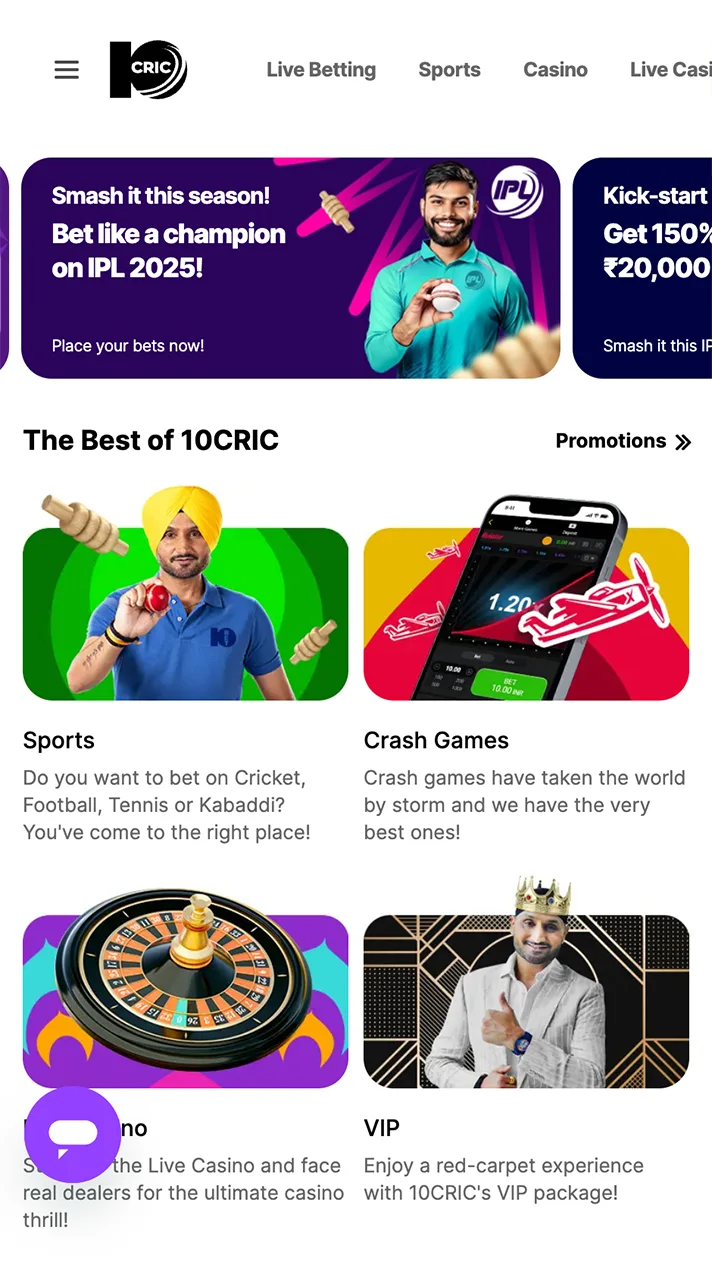 10Cric home page explore and start winning.