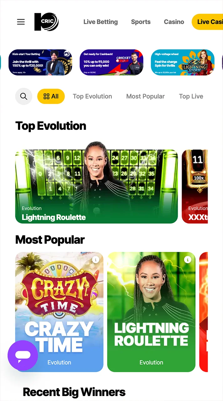 10Cric live casino page experience real time gaming action.