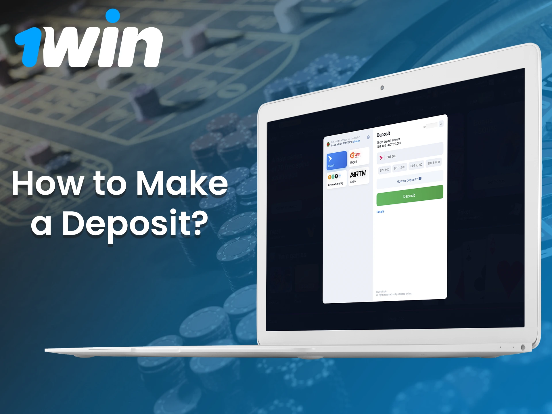 Follow this instructions to make a deposit at 1Win platform.