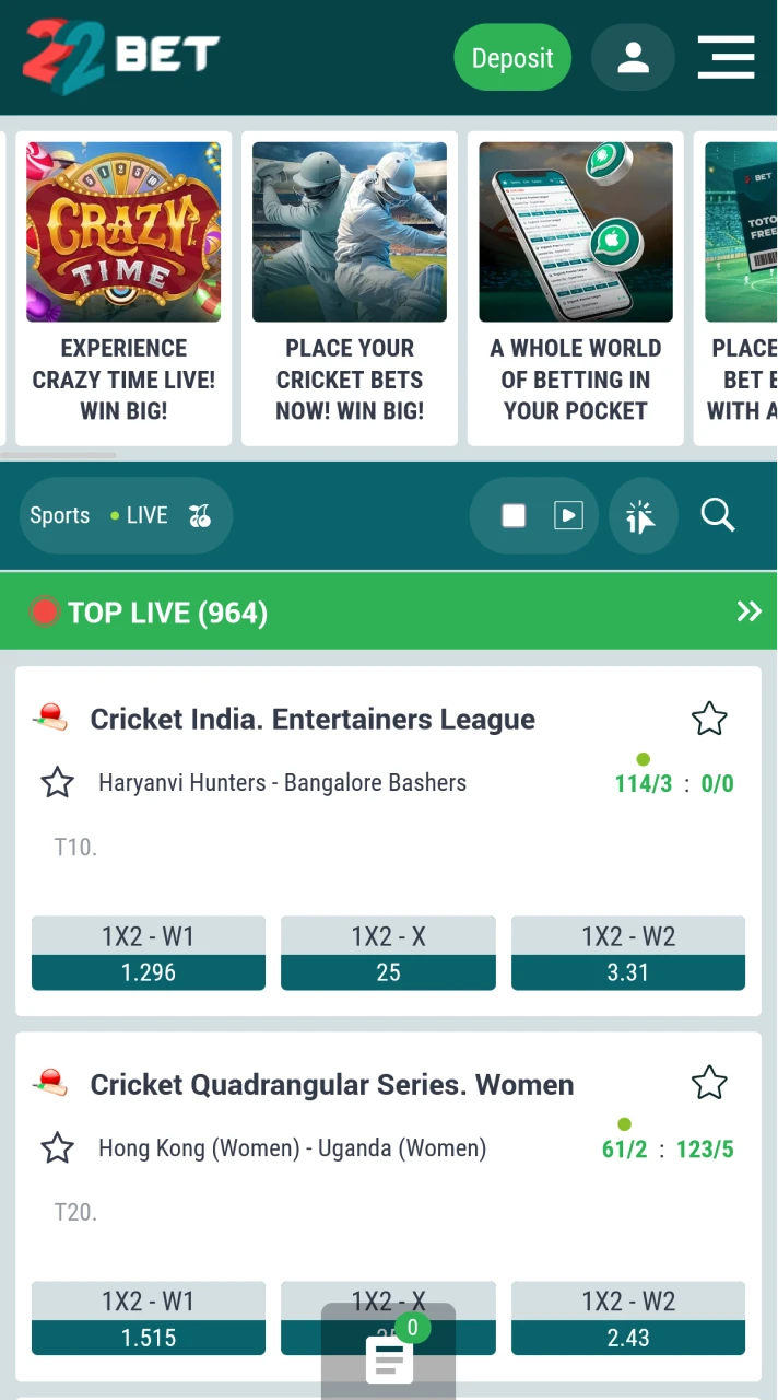 The homepage of 22Bet is sleek and user-friendly.