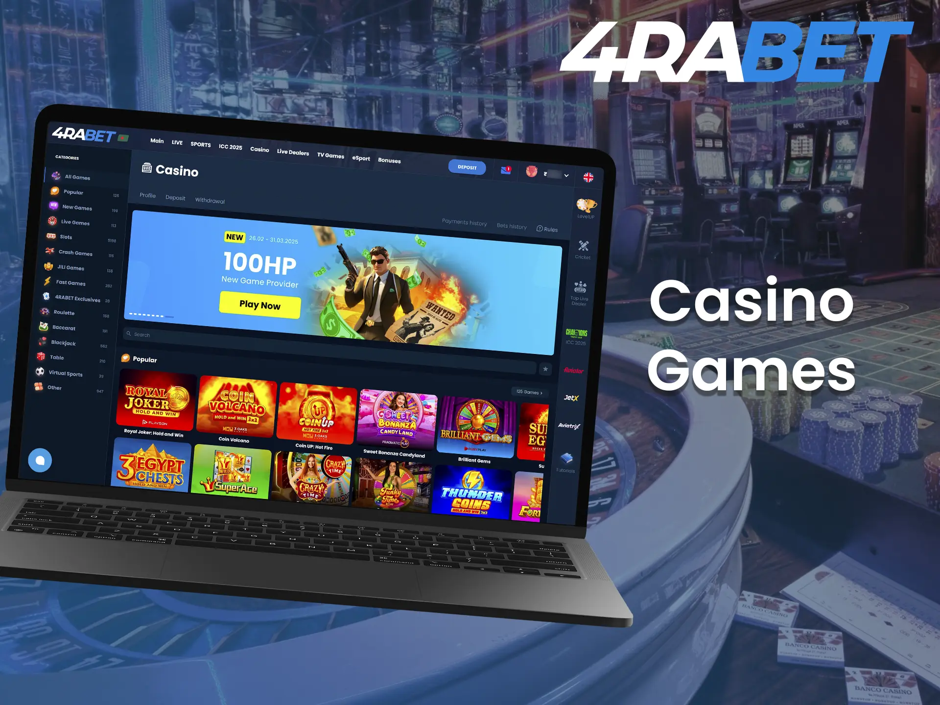 Play your favorite casino games at 4Rabet website.