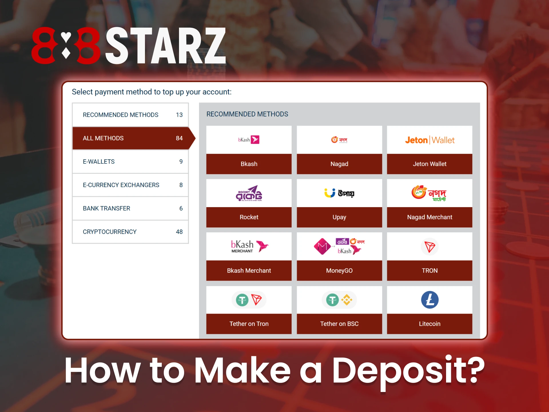 Enjoy fast deposits at 888Starz with multiple payment methods available.