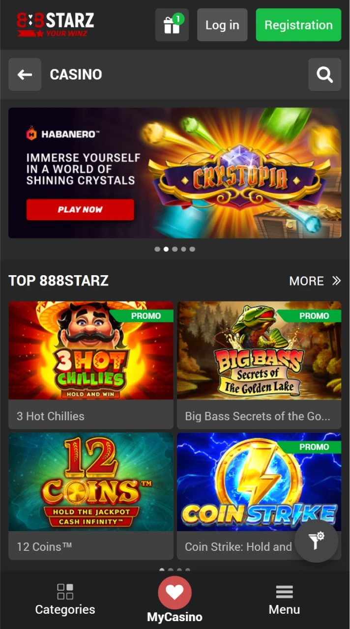 Explore classic and modern games in the casino section of 888Starz.
