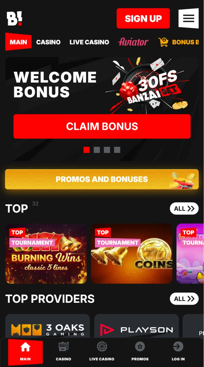 The BanzaiBet casino home screen has a user-friendly interface.