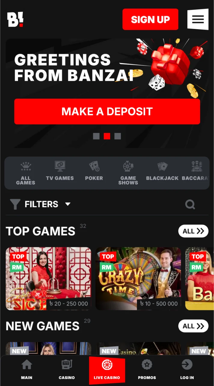 Experience the rush of real dealer games at the BanzaiBet live casino section.