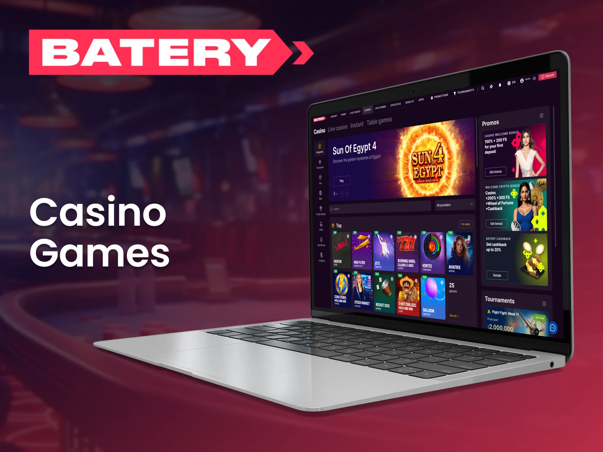 Enjoy a vast selection of casino games at Batery.