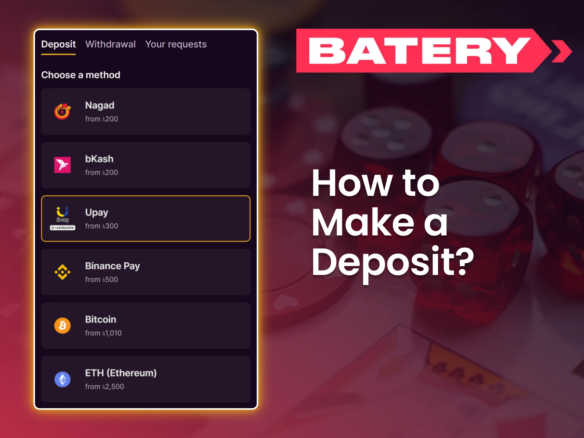 Make your first deposit and dive into the exciting world of Batery casino.
