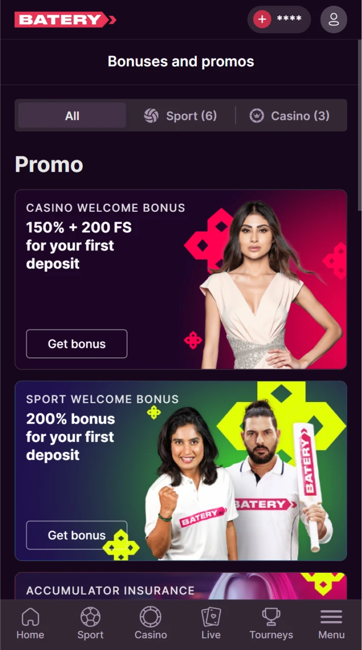 Explore a wide range of bonuses and promotions available in the dedicated section of Batery casino.