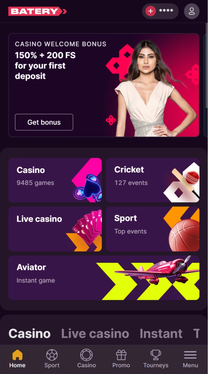 The main screen of Batery casino is modern and well-designed.