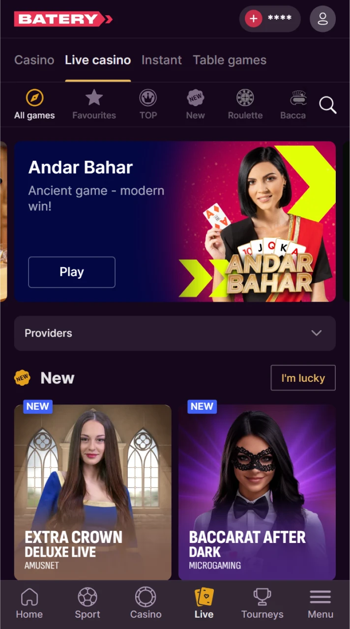 Join real dealers in the live casino section of Batery.