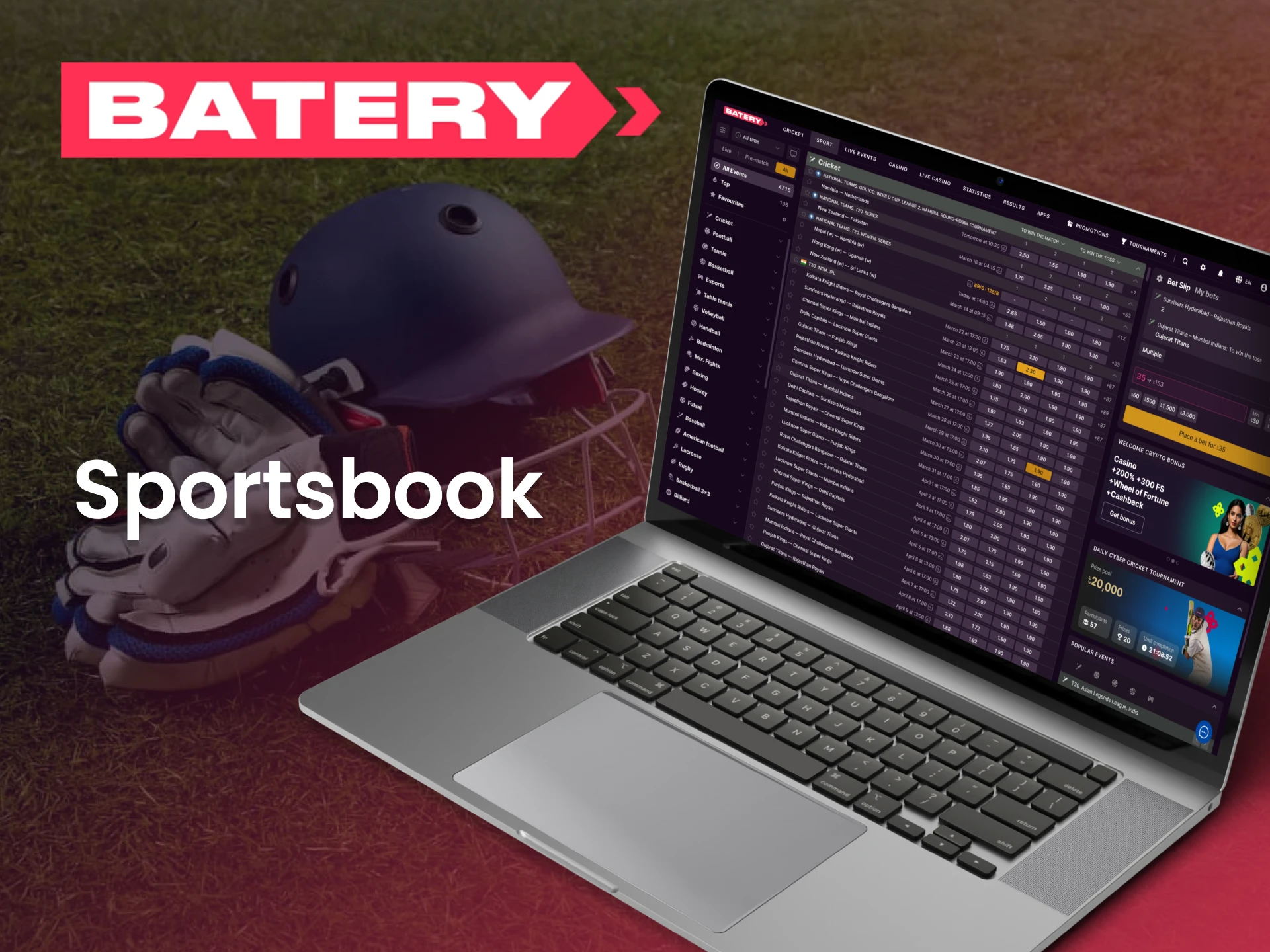 Score big with sports betting at the Batery online casino.