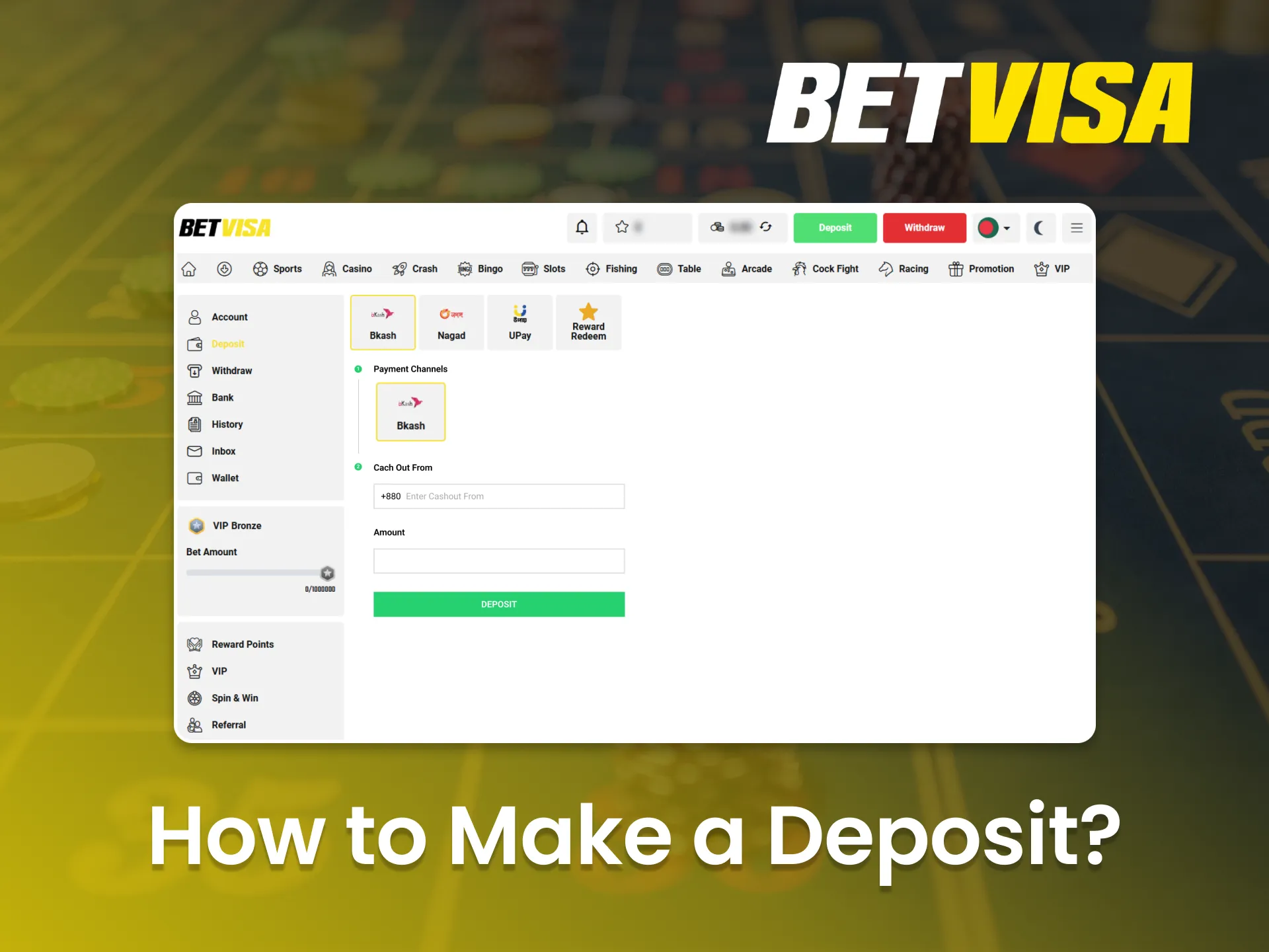 The process of depositing funds at Betvisa Casino is straightforward.