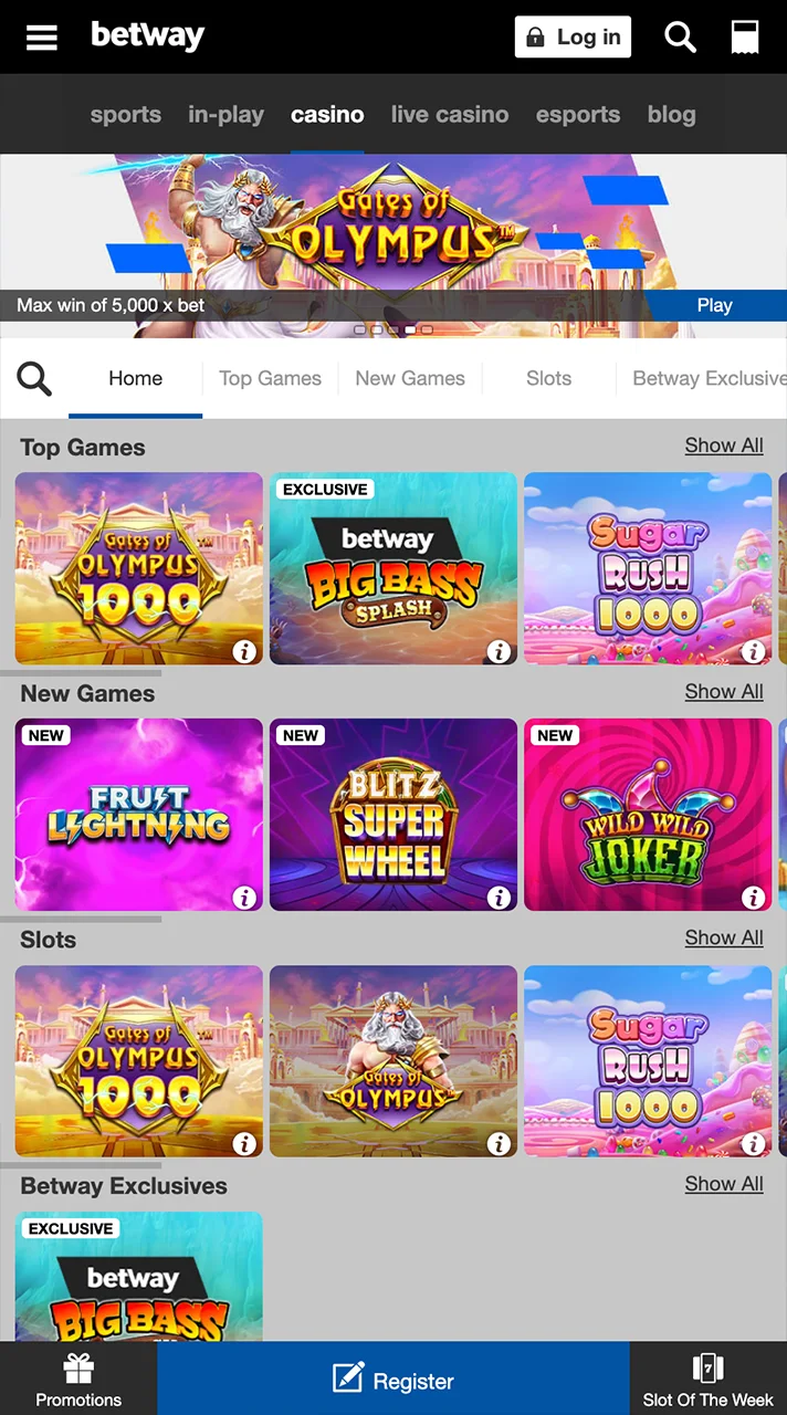 Betway casino page play top games and win big.