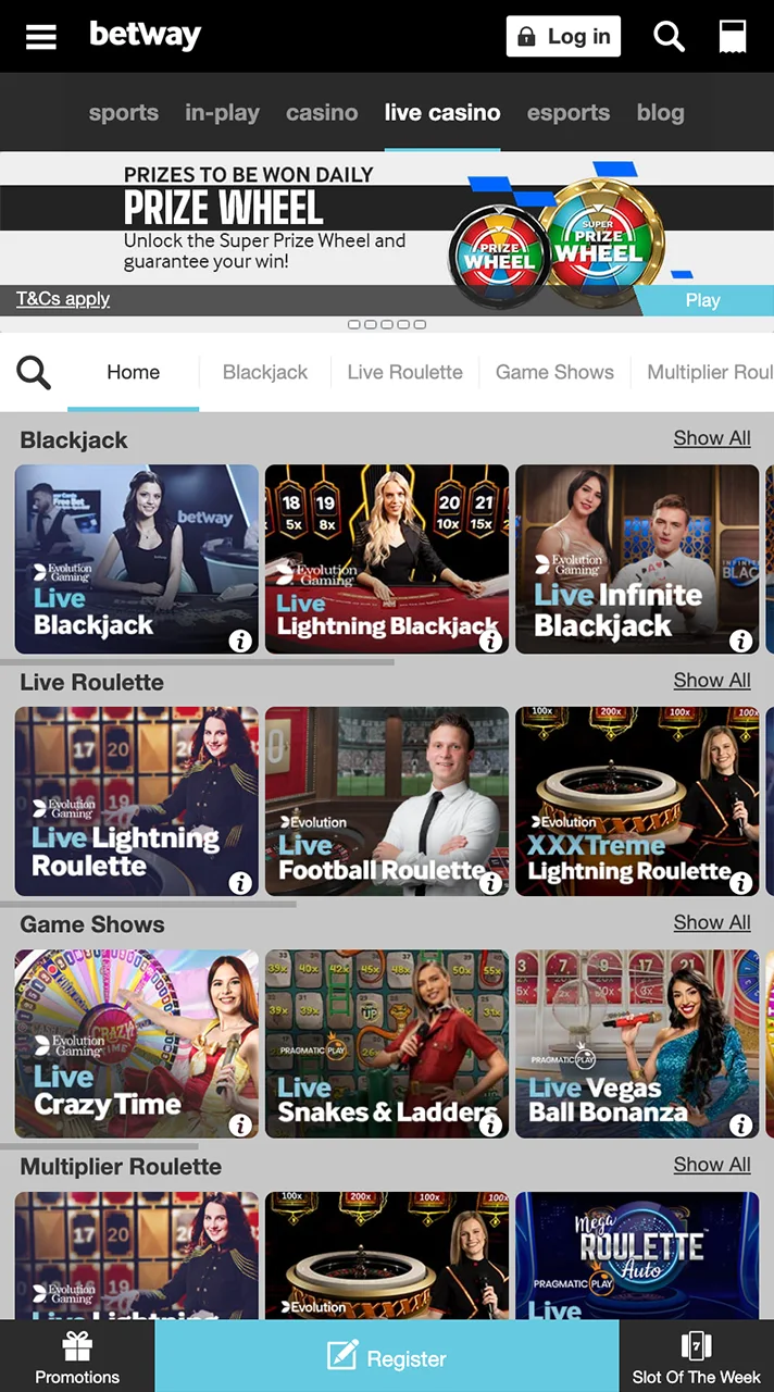 Betway live casino page experience real time action.