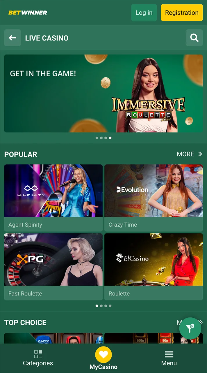 Popular live casino games from Betwinner.