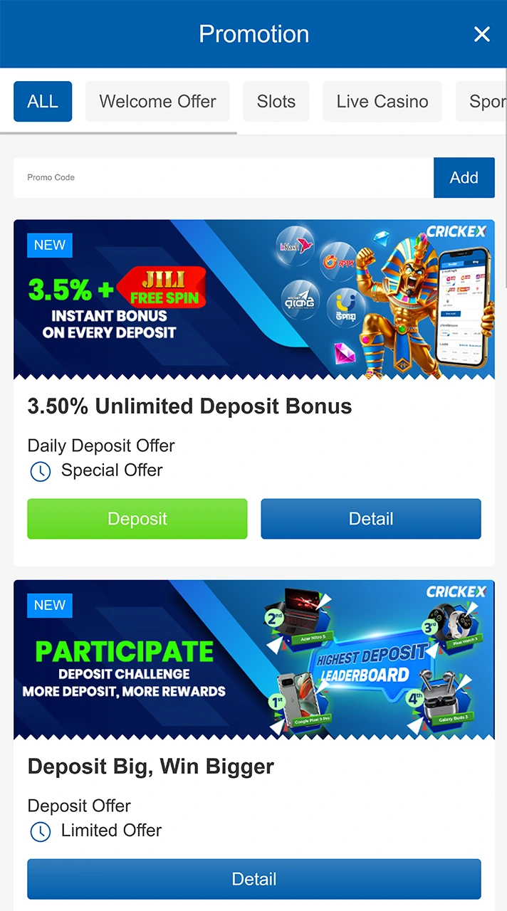 Generous bonuses and promotions at Crickex platform.