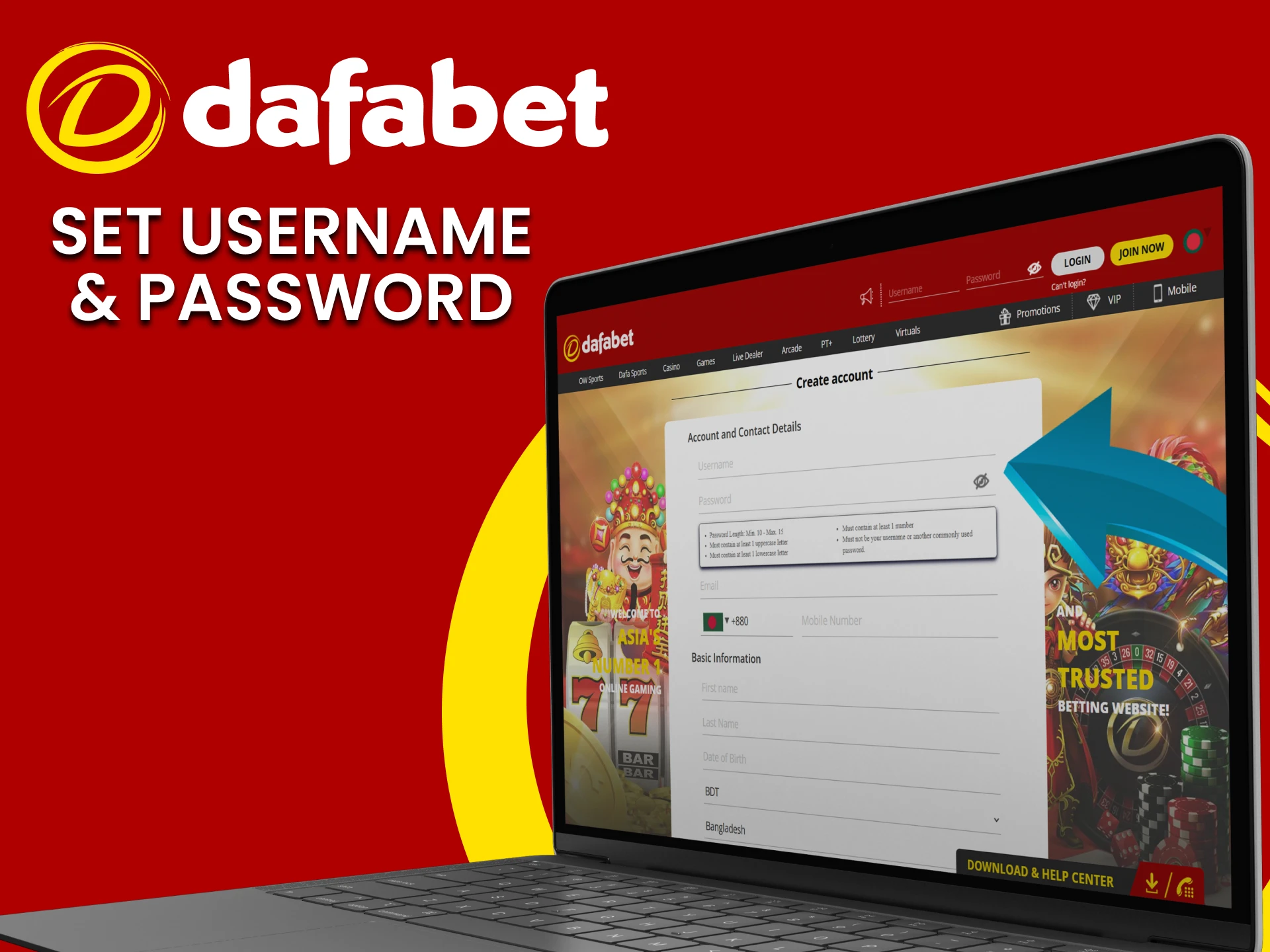 Set username and password for secure Dafabet access.