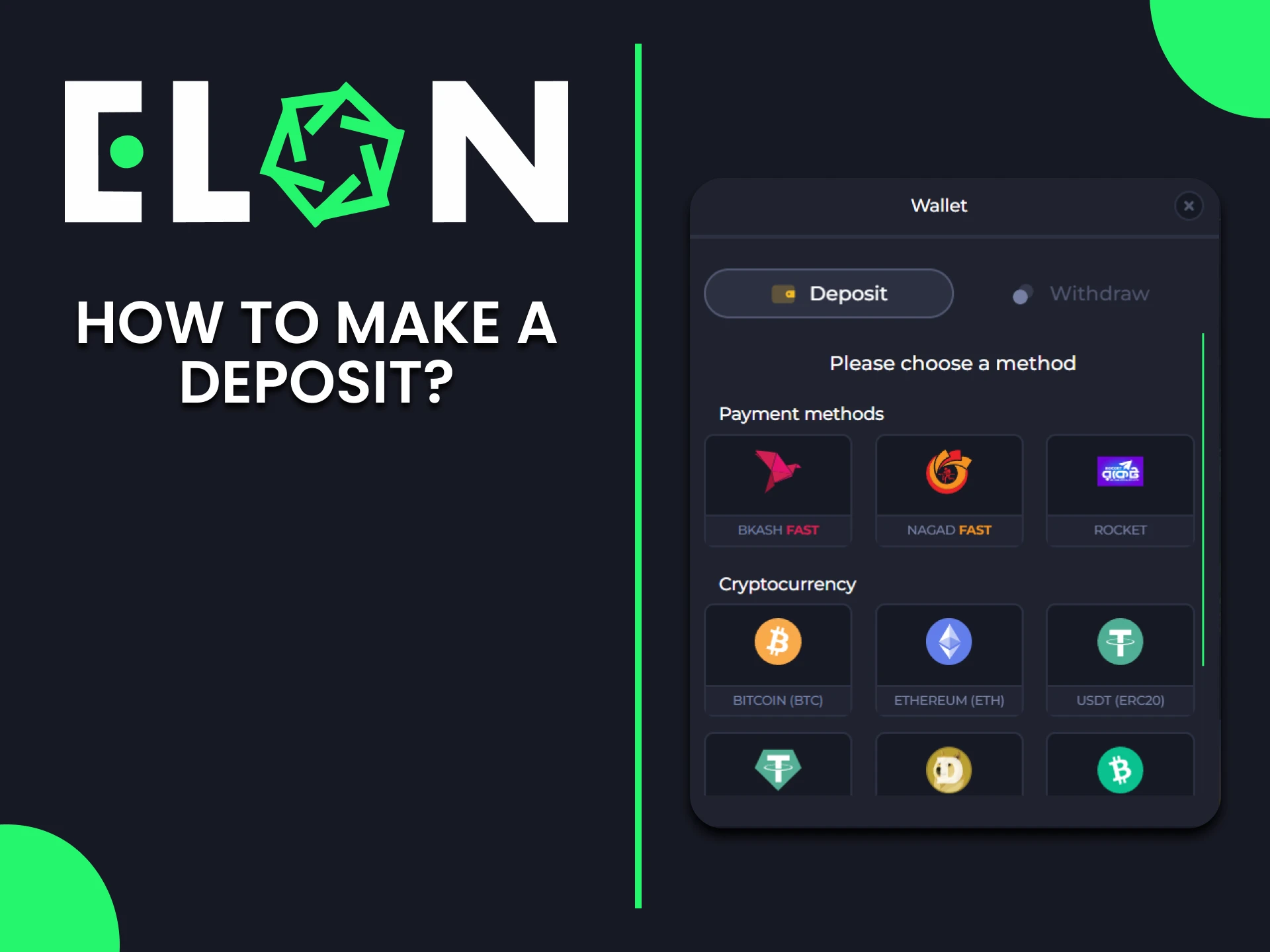 How to make a deposit at ElonBet casino and start playing.