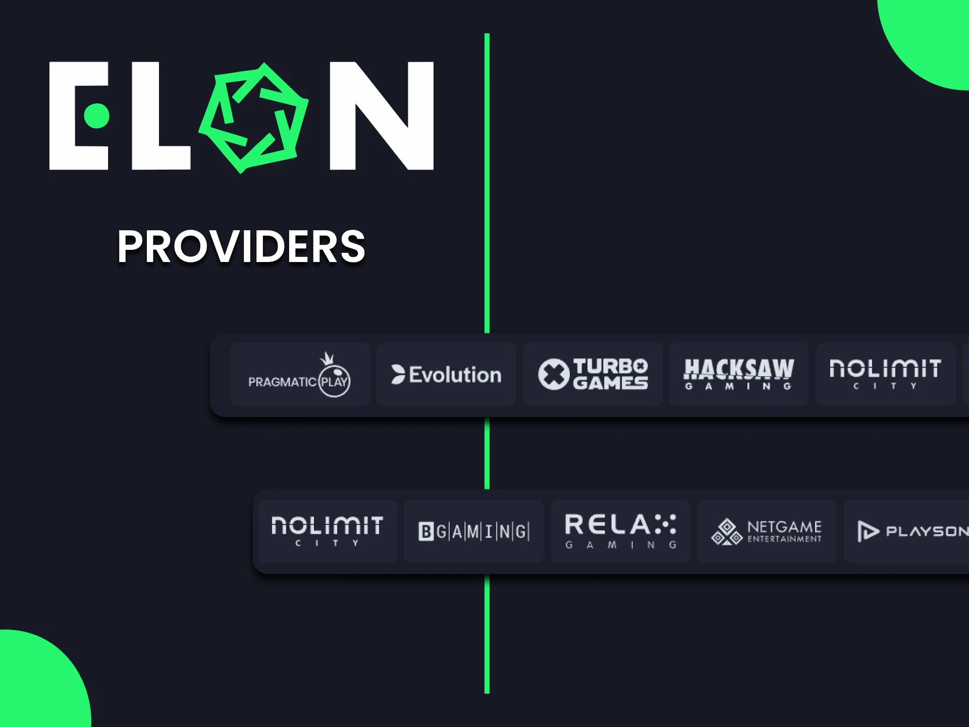 Discover ElonBet casino games providers for the best game selection.