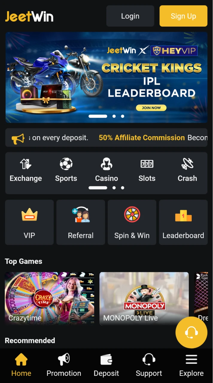 The JeetWin home page has a modern and attractive design.