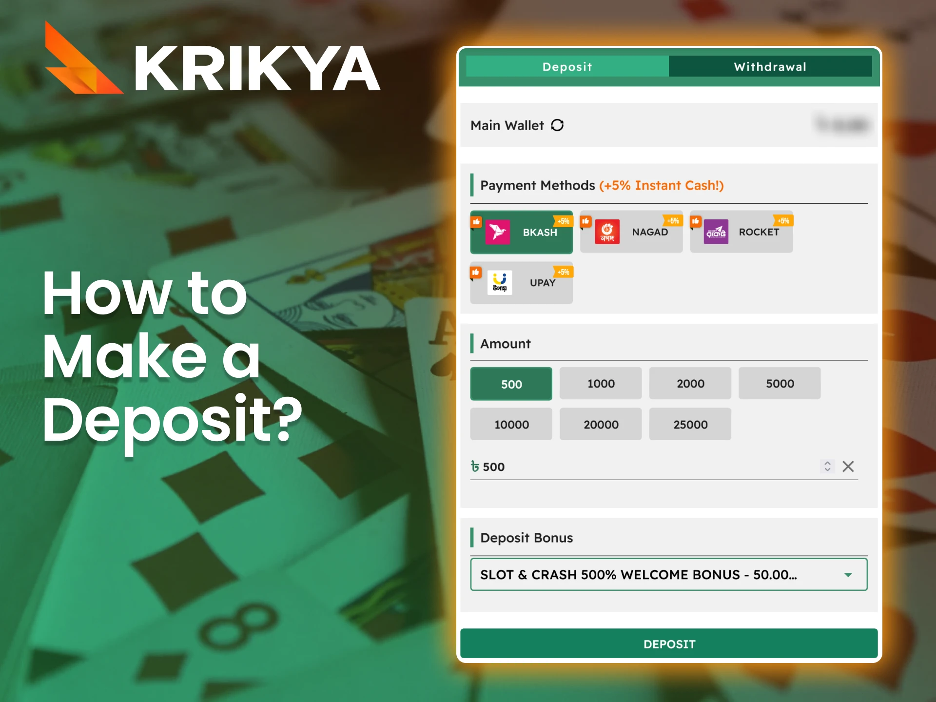 Make fast and secure deposits at the Krikya online casino.